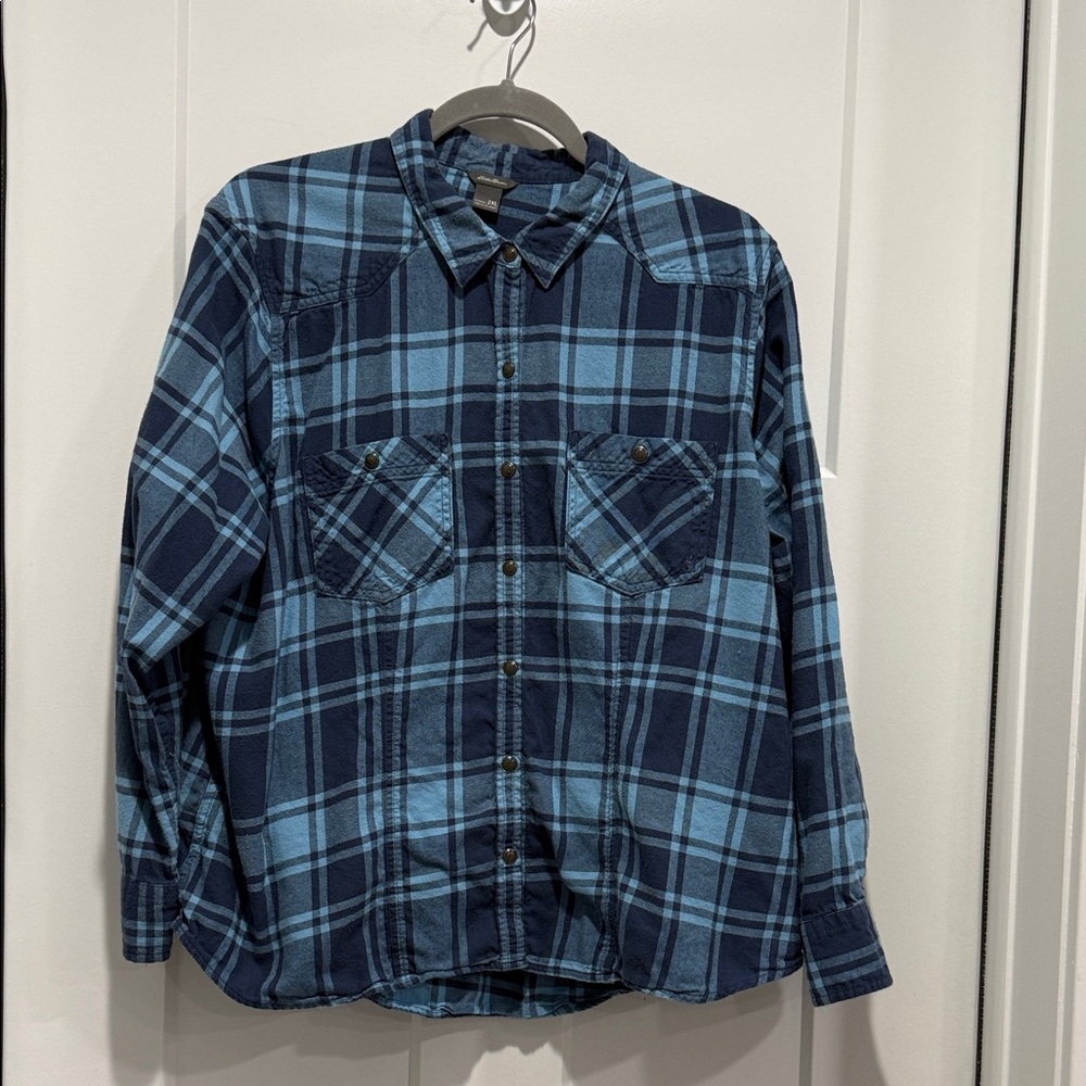 Eddie Bauer Navy and Light Blue Plaid Button-Up Shirt